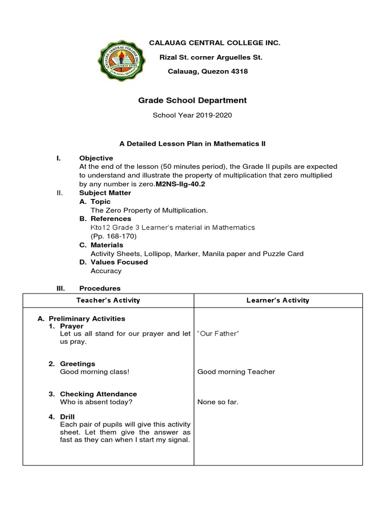 Grade 2 Lesson Plan (For Print) | PDF | Multiplication | Lesson Plan