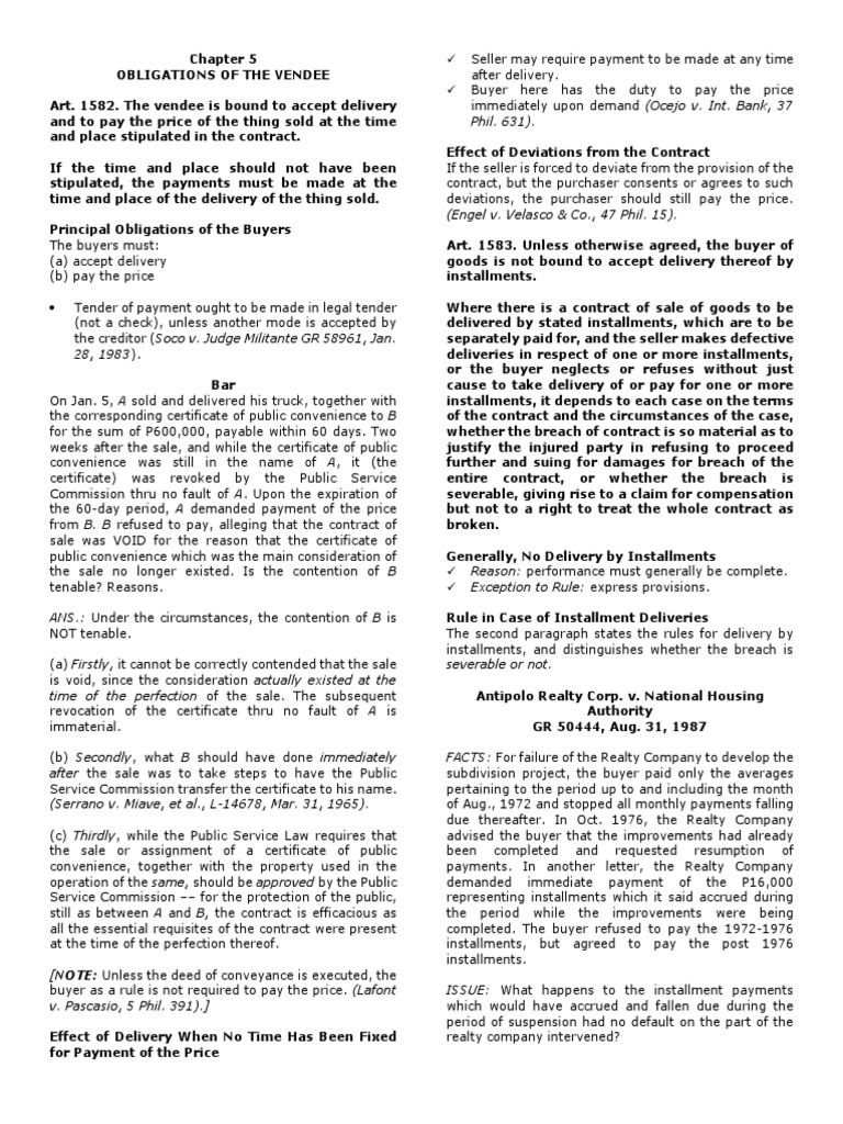 Chapter 5 Obligations of The Vendee PDF Breach Of Contract