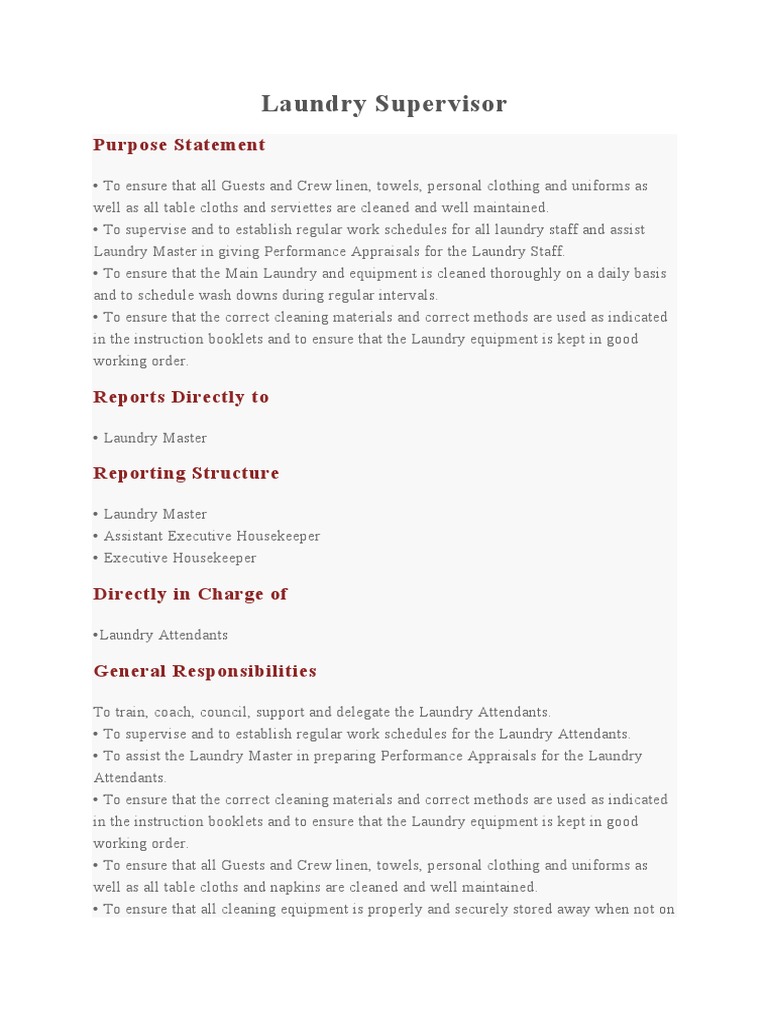 Laundry Supervisor (Job Spec) PDF Laundry Housekeeping