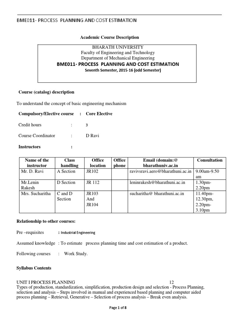 Process Planning and Cost Estimation Course | PDF | Engineering ...