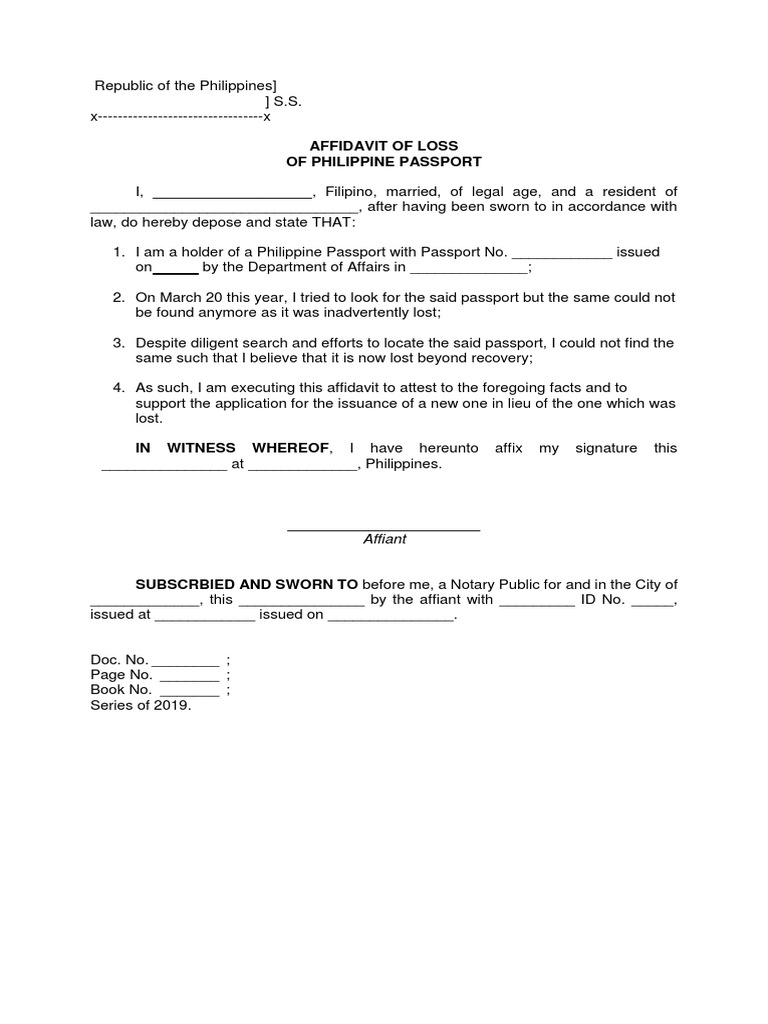 Affidavit of Loss of Passport Blank PDF