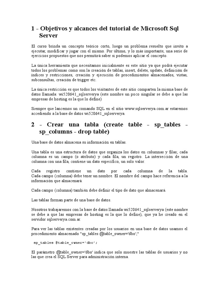 Tutorial de SQL: Creación de Tablas | PDF | SQL | Servidor SQL de Microsoft