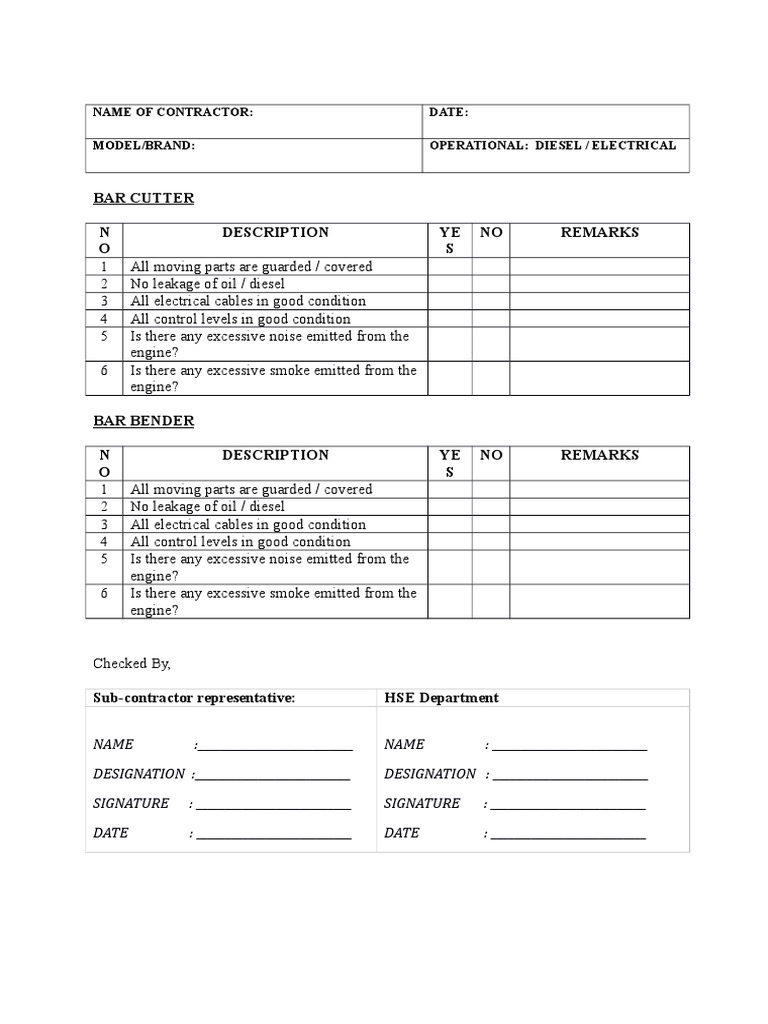 Equipment Safety Inspection Checklist | PDF