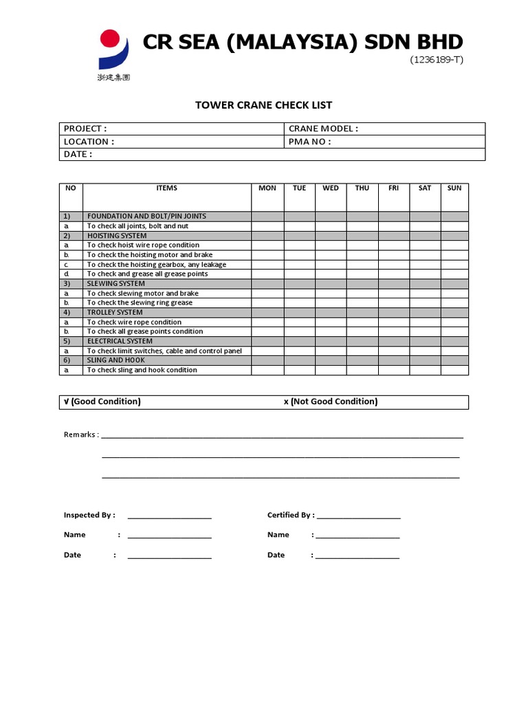 Tower Crane Inspection Checklist | PDF