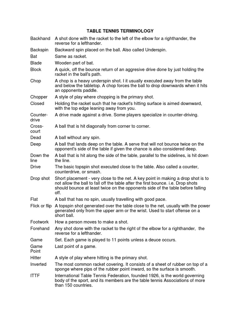 Table Tennis Terminology PDF Table Tennis Individual Sports