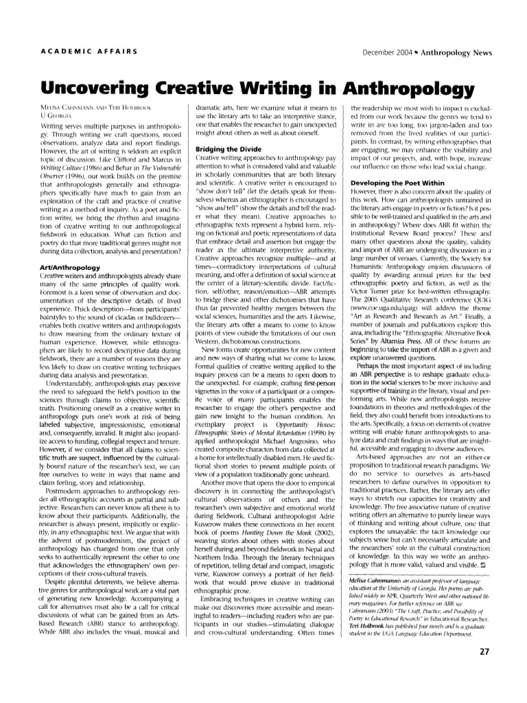 Uncovering Creative Writing In Anthropology PDF Anthropology