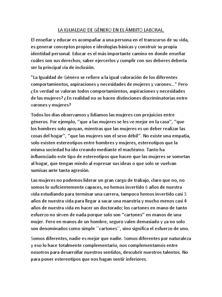 La Igualdad de Género en El Ámbito Laboral | PDF | Estereotipos | Mujer