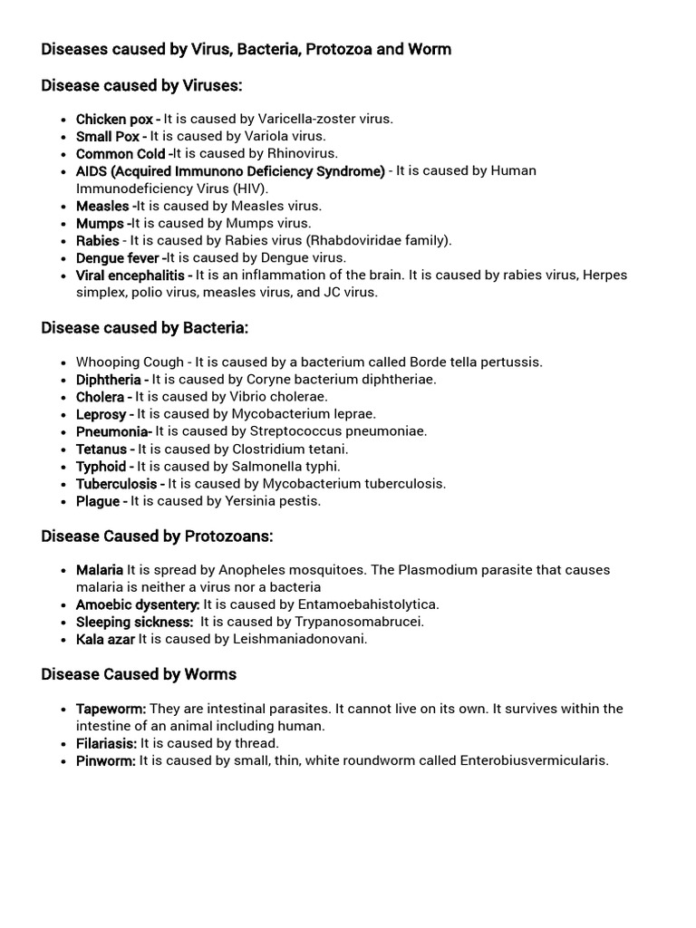 Diseases Caused by Virus, Bacteria, Protozoa and Worm Disease Caused by ...