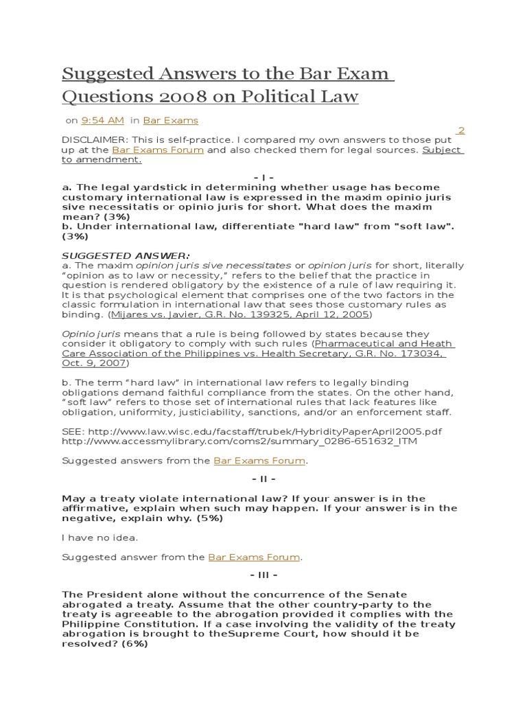 Suggested Answers To The Bar Exam Questions 2008 On Political Law PDF