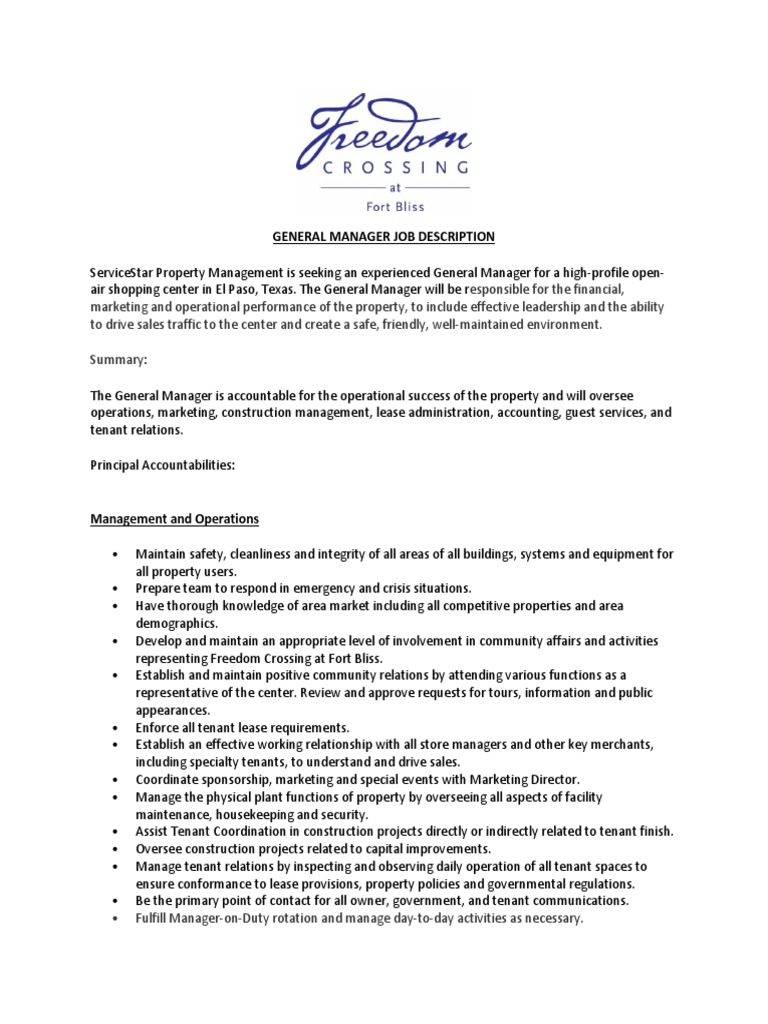 GM Job Description PDF Landlord Lease