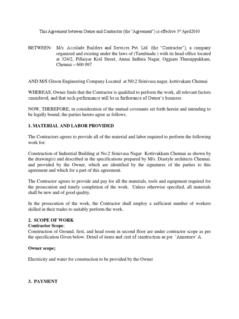 This Agreement Between Owner and Contractor (The 