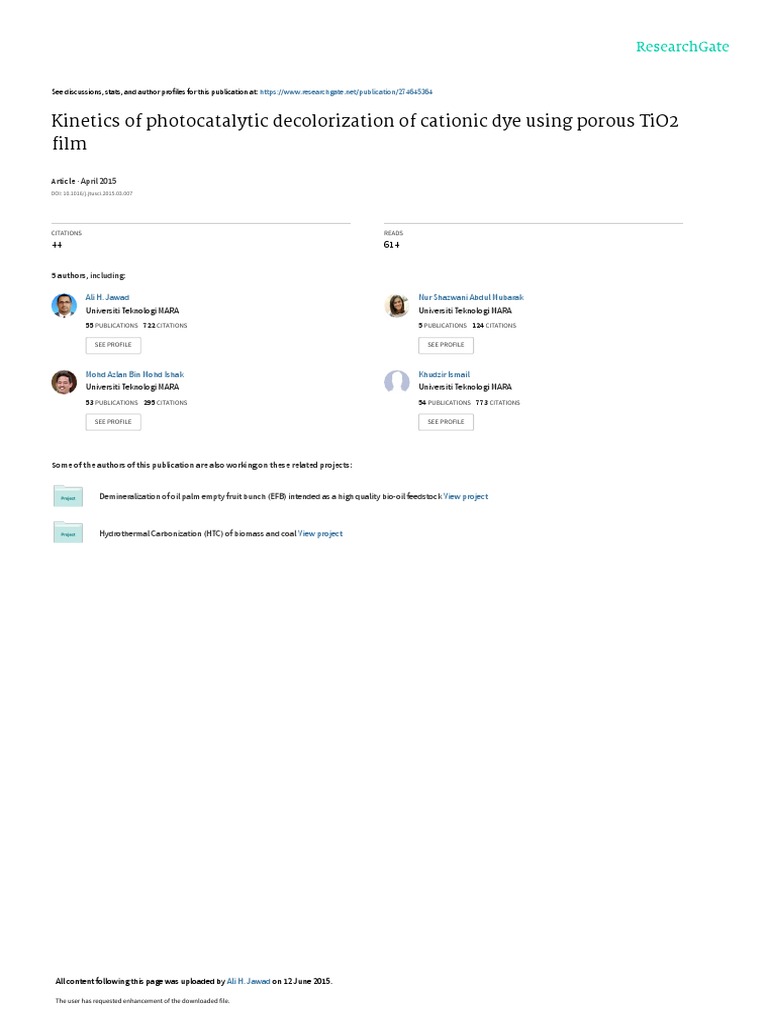 Kinetics of Photocatalytic Decolorization of Cationic Dye Using Porous ...