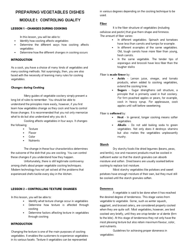 Preparing Vegetables Dishes Module1 PDF Vegetables Bean