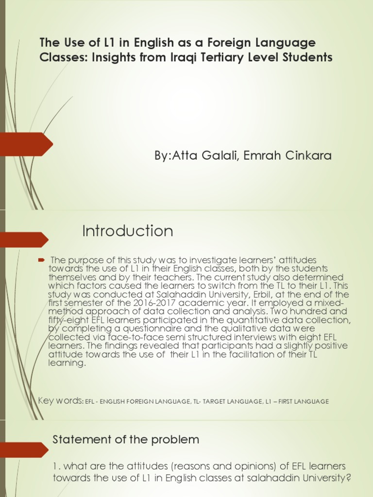 L1 Use in EFL Classes: Iraqi Student Insights | PDF | English As A ...
