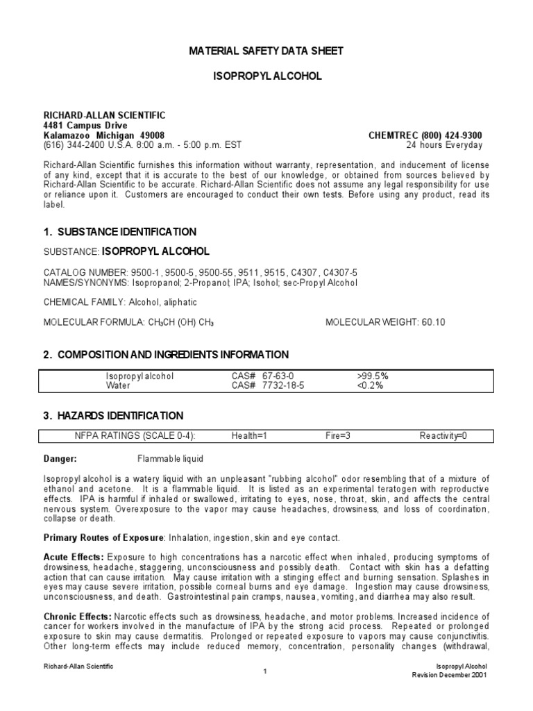 Material Safety Data Sheet Isopropyl Alcohol PDF Resource