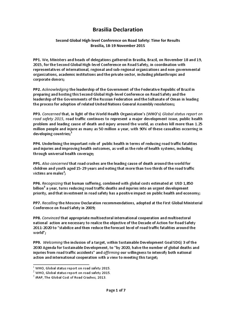 Brasilia Declaration en PDF Road Traffic Safety Traffic Collision