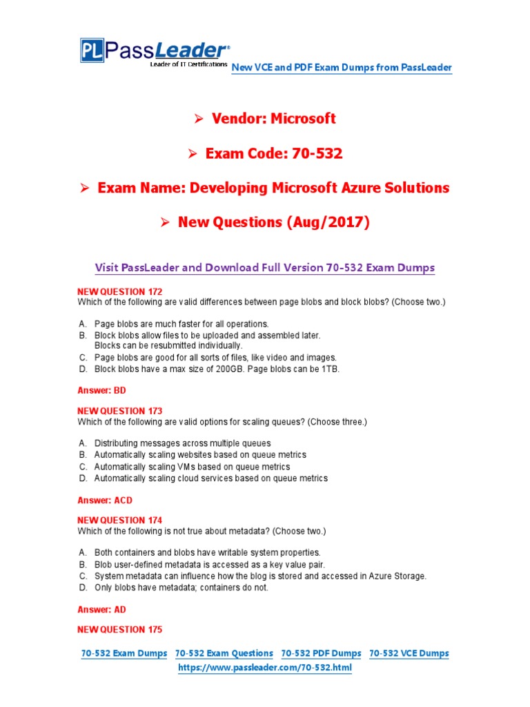 Aug 17 New Passleader 70 532 Exam Dumps Pdf Cloud Computing Microsoft Azure