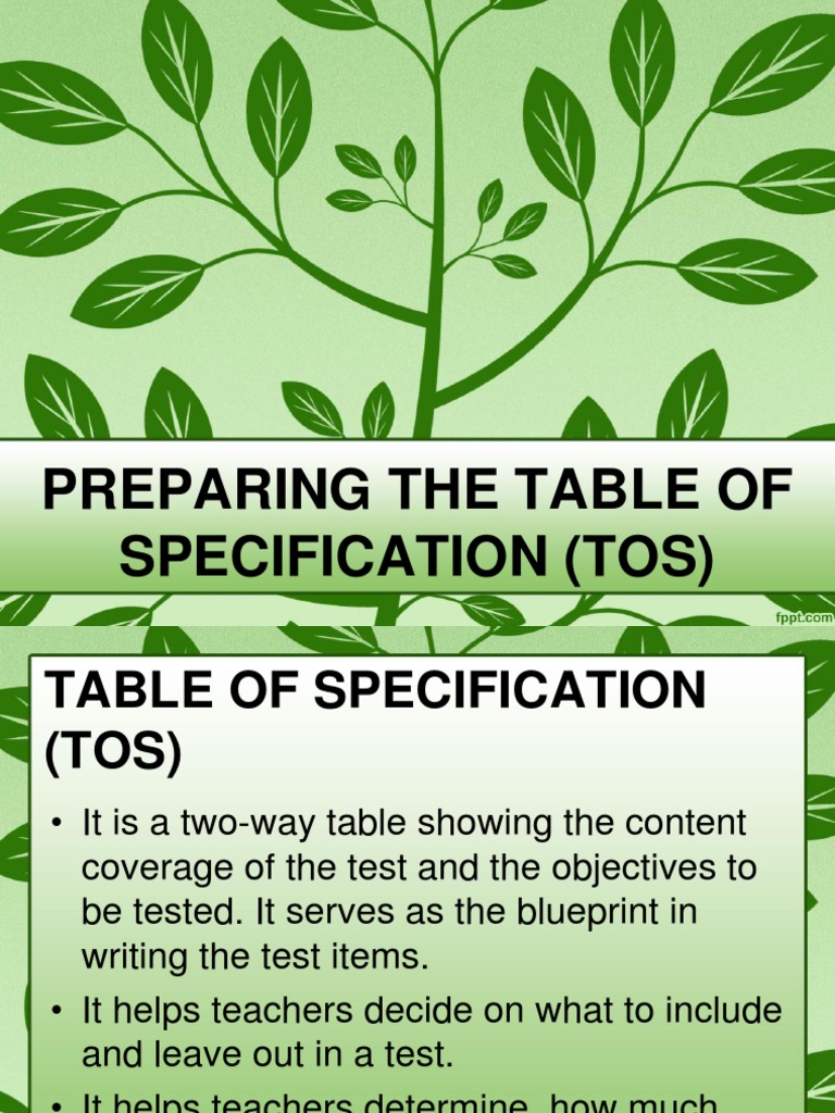 Preparing The Table of Specification (Tos) | PDF | Career & Growth