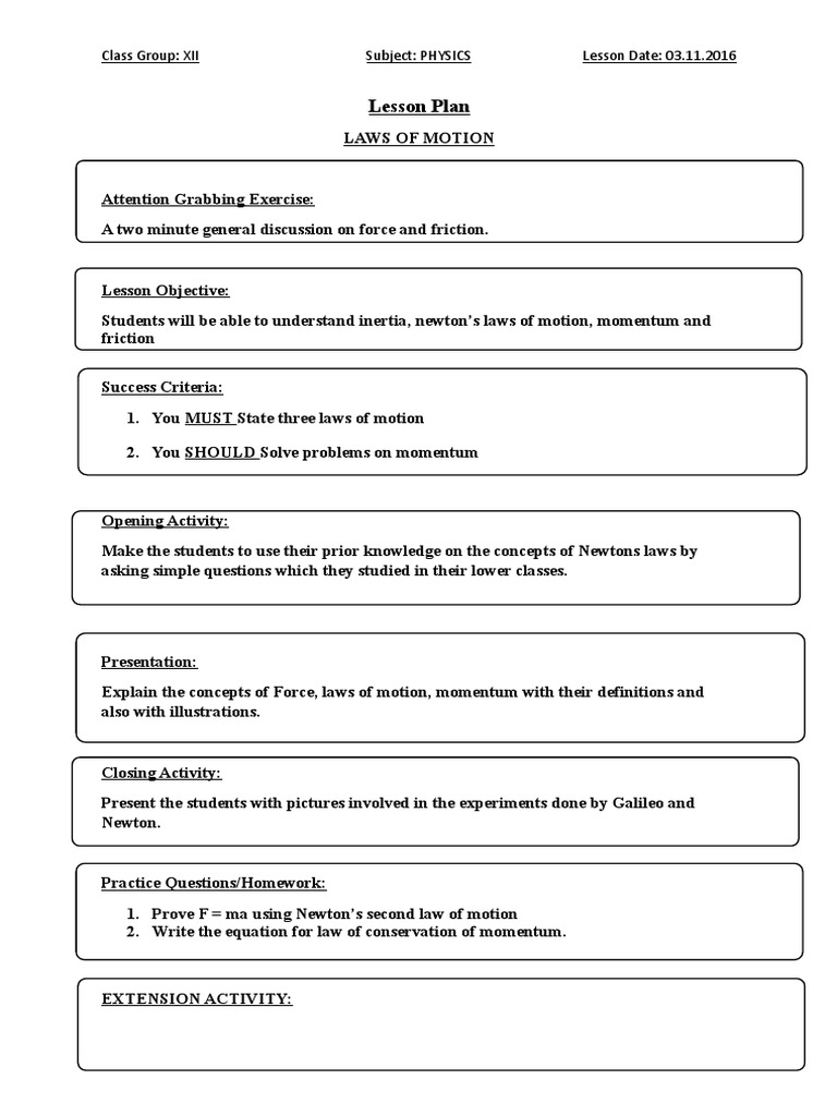Laws of Motion Lesson Plan for XII Physics | PDF | Science & Mathematics
