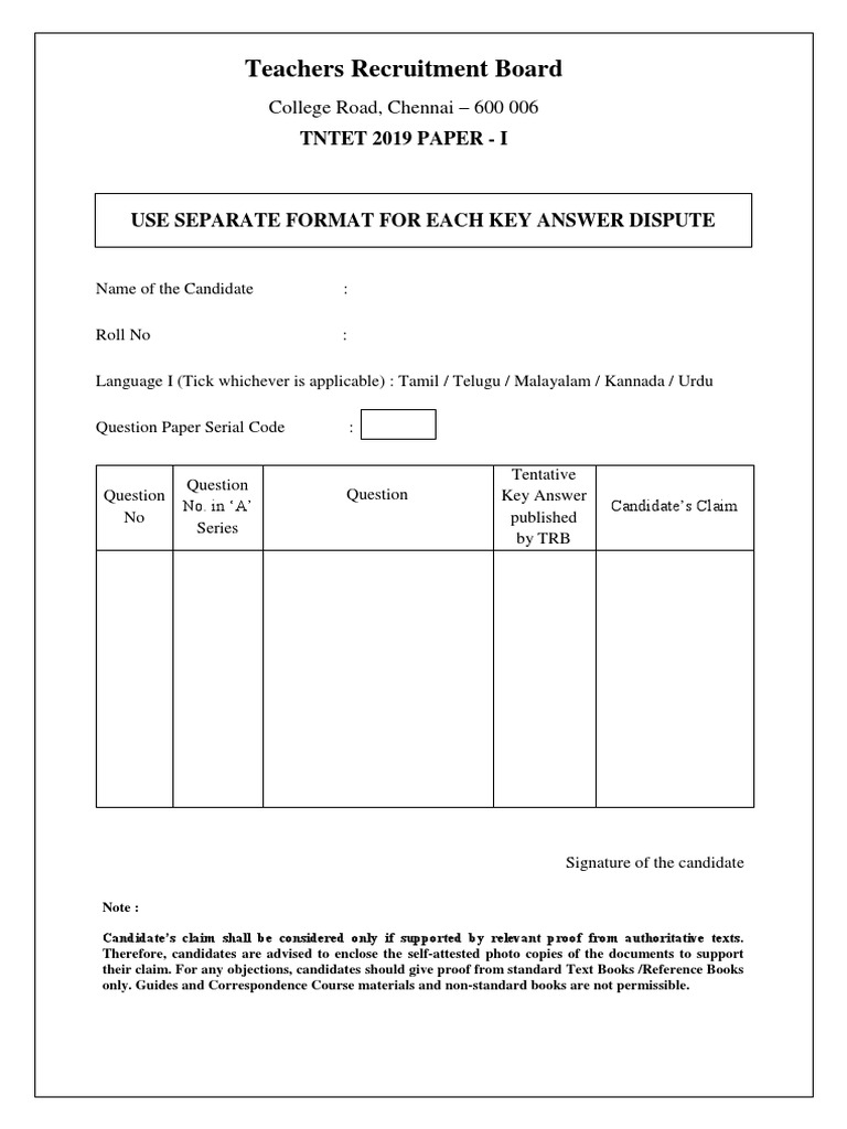 Teachers Recruitment Board: Tntet 2019 Paper - I | PDF