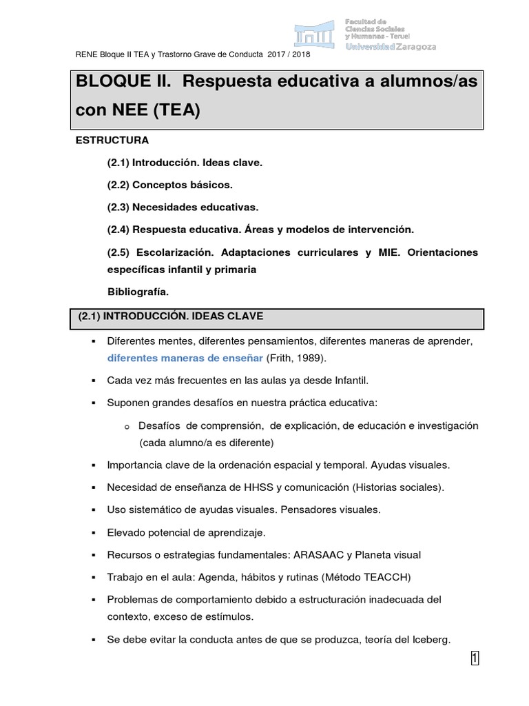 Bloque II Nee Tea Tema 2 | PDF | Espectro autista | Salón de clases