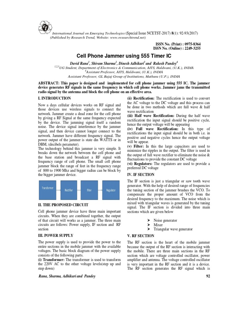 Cell Phone Jammer Using 555 Timer IC David Rana, Shivam Sharma, Dinesh Adhikari and Rakesh