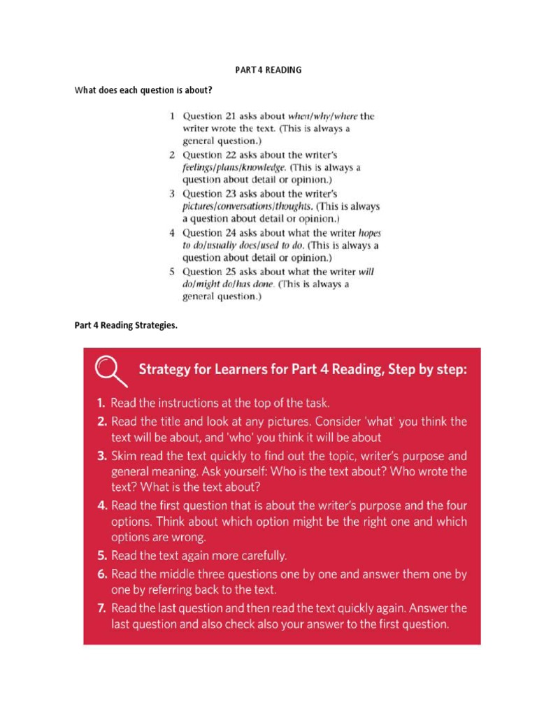 Part 4 Reading What Does Each Question Is About PDF