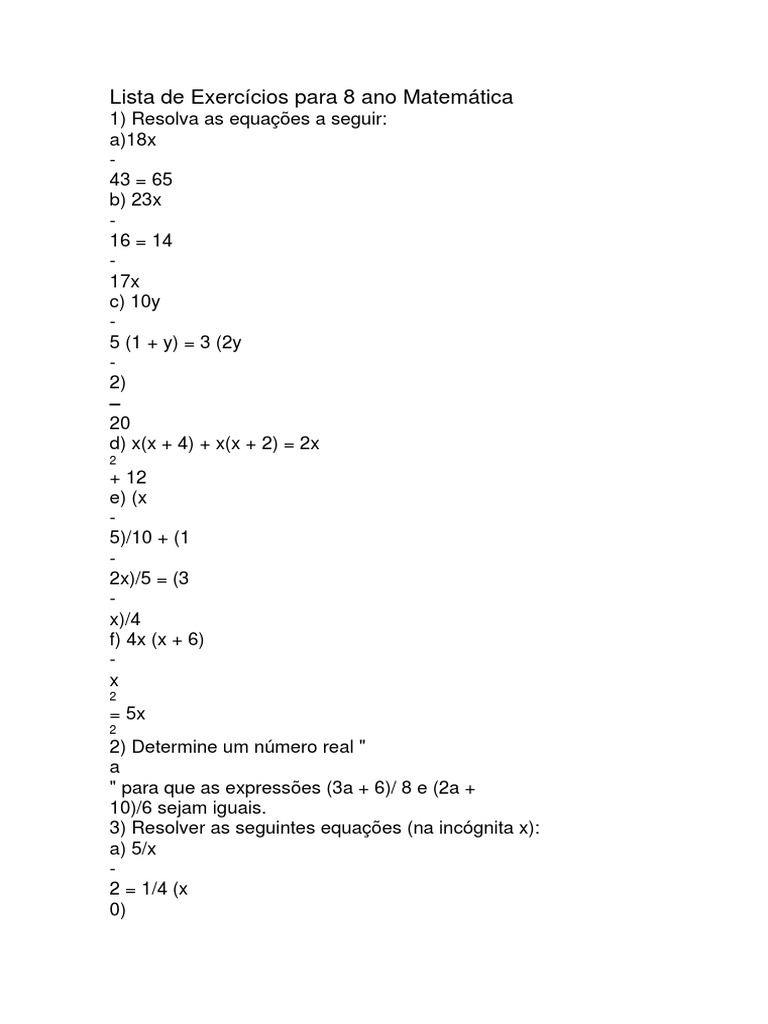 Lista de Exercícios para 8 Ano Matemática | PDF