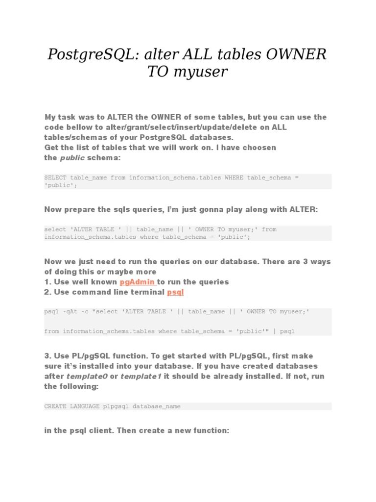 PostgreSQL Alter All Tables Owner To Myuser PDF