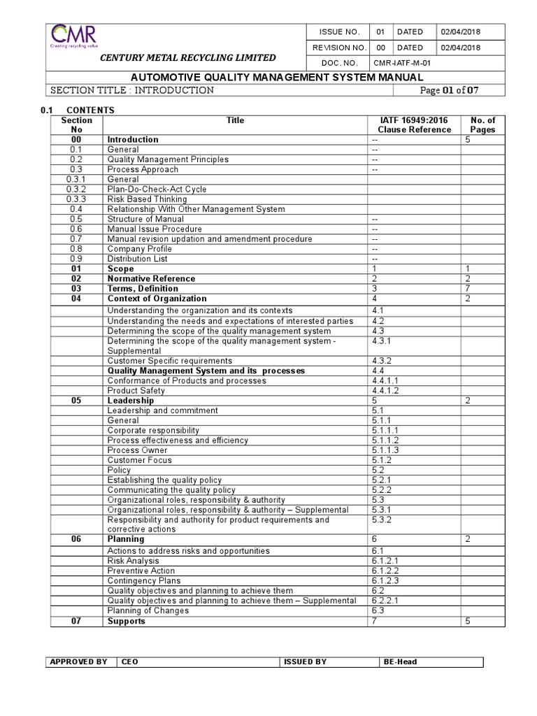 Automotive Quality Management System Manual Century Metal Recycling