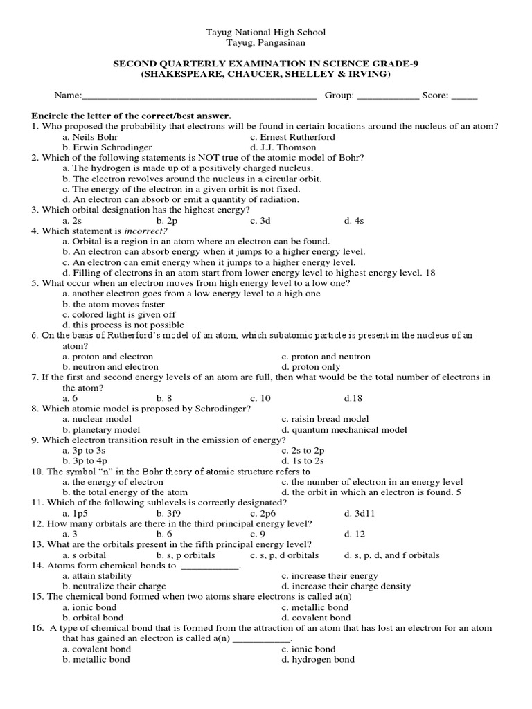 Grade 9 Science Quarterly Exam Guide | PDF | Covalent Bond | Ionic Bonding