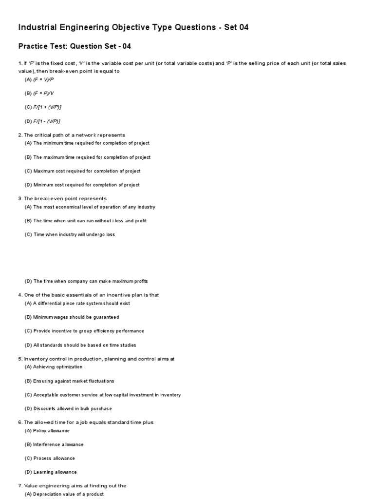 Industrial Engineering Objective Type Questions Set 04 ObjectiveBooks PDF Profit