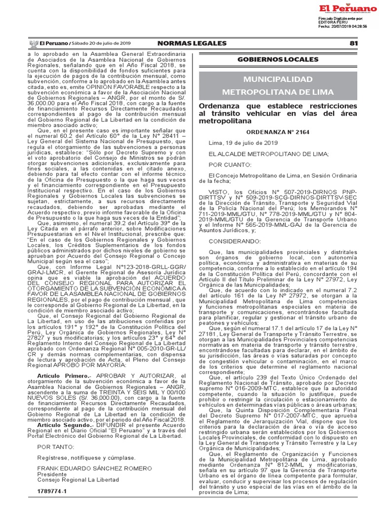 Ordenanza - 2164 PDF | PDF | Gobierno local | Lima