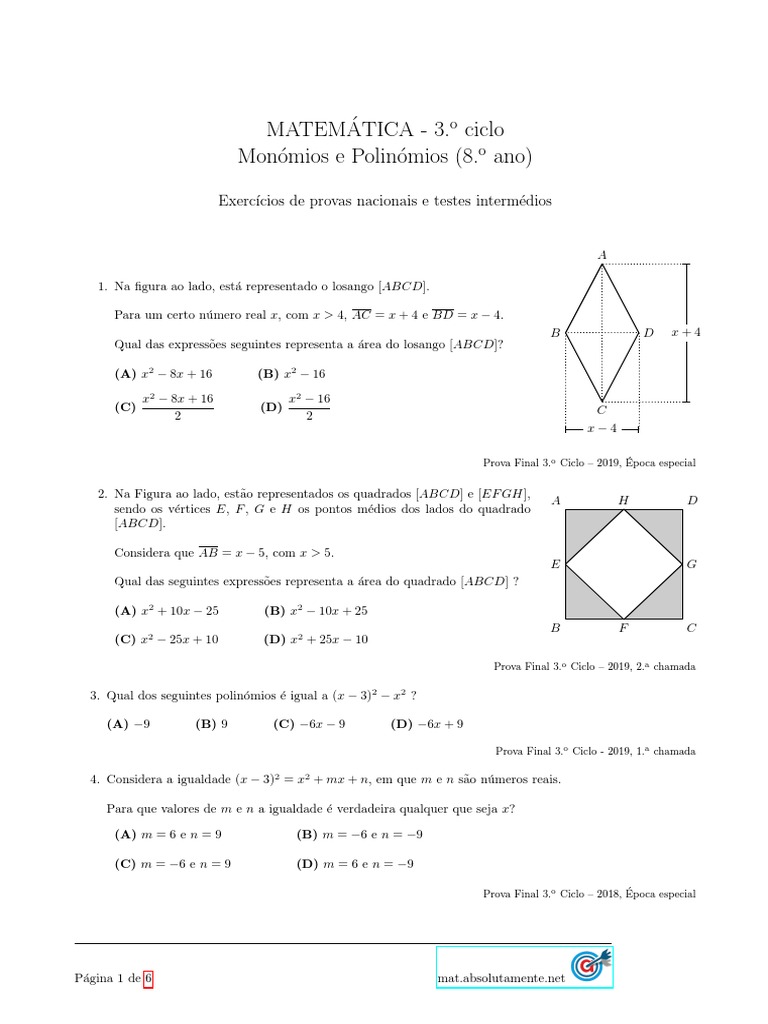 Exercícios de Monômios e Polinômios 8º Ano | PDF | Equações | Números