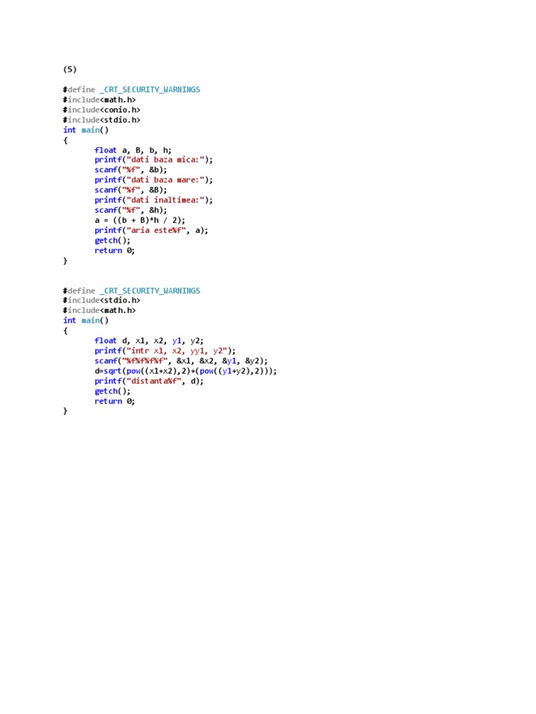 C Program for Area and Distance Calculations | PDF | Computers