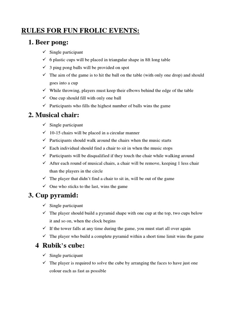 Rules For Fun Frolic Events 1. Beer Pong PDF Elbow Professional