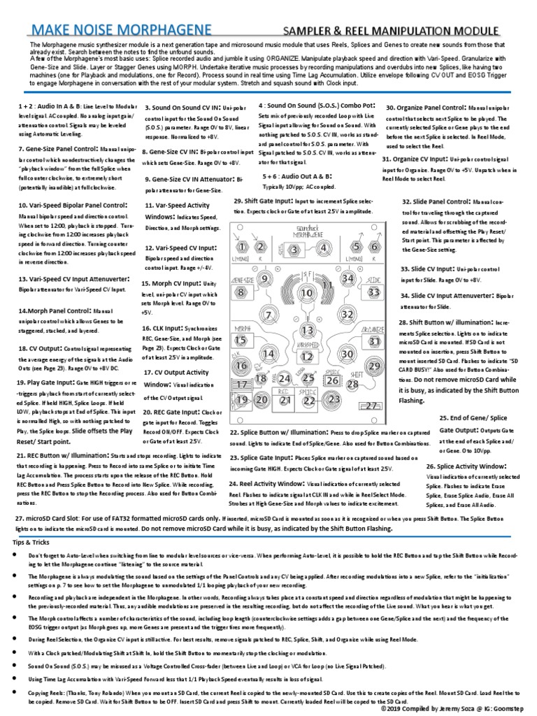 Morphagene Front Panel Cheat Sheet Alternate Version Synthesizer Electrical Engineering