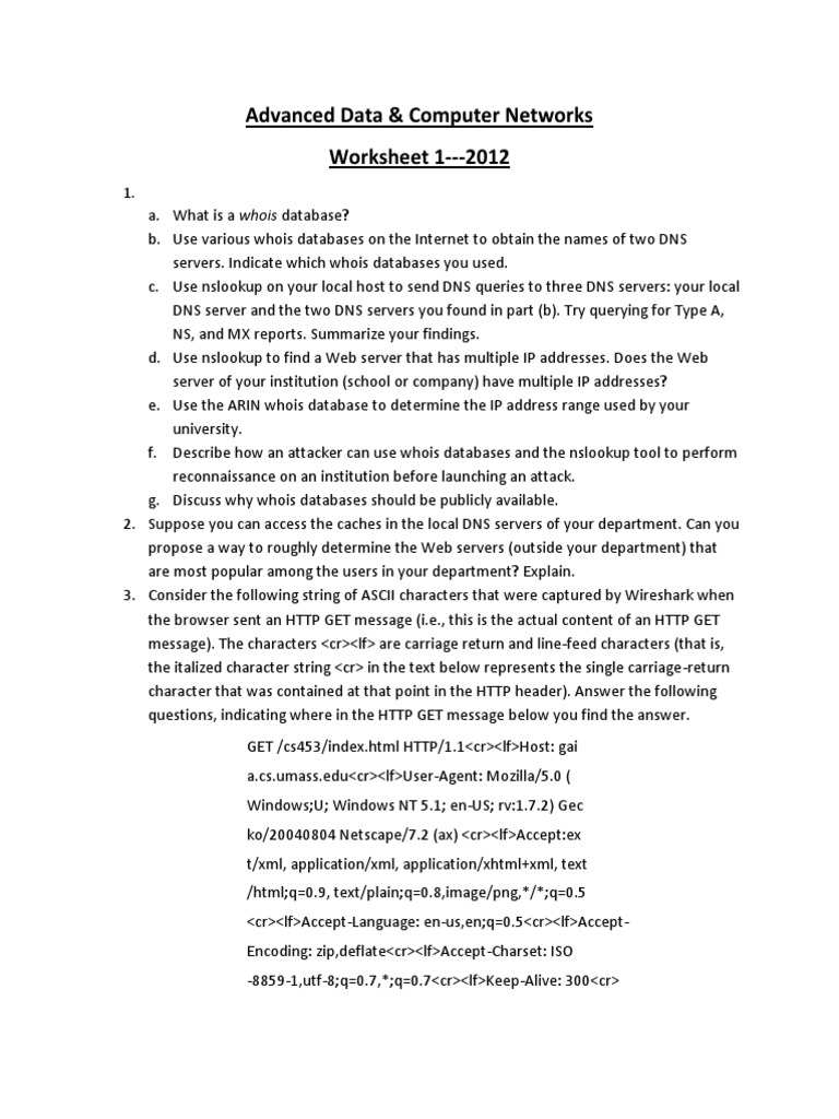 DNS and HTTP Protocol Analysis Worksheet | PDF | Domain Name System ...