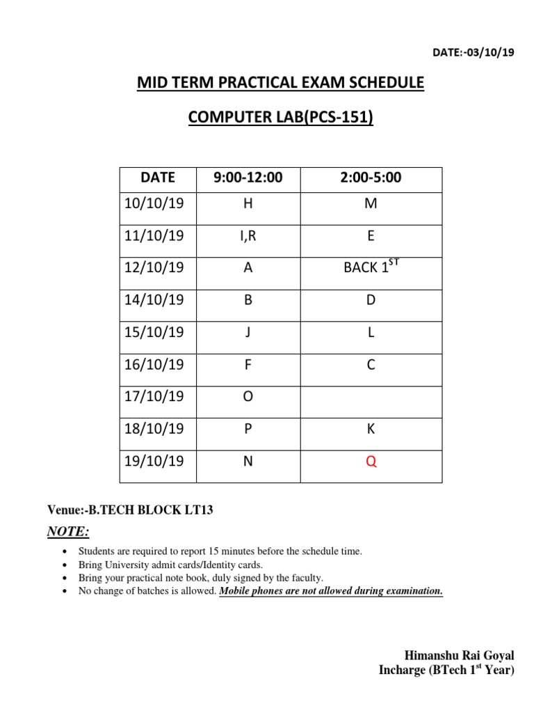 Mid Term Practical Exam Schedule | PDF