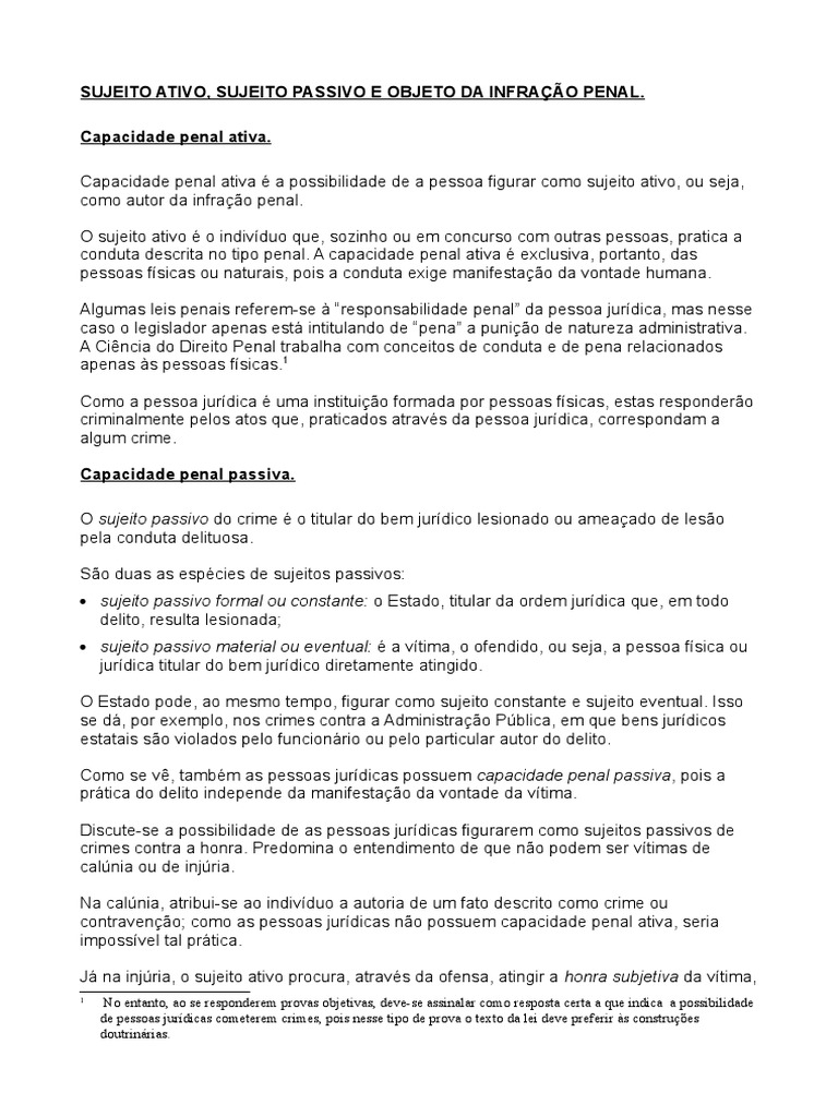 4 Sujeito Ativo, Sujeito Passivo e Objeto Da Infração Penal | PDF ...
