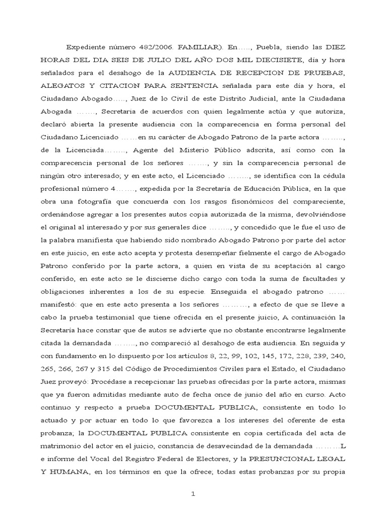 Audiencia Desahogo de Pruebas, Alegatos y Citacion A Sentencia. Juzgado  Puebla. | PDF | Sentencia (ley) | Virtud