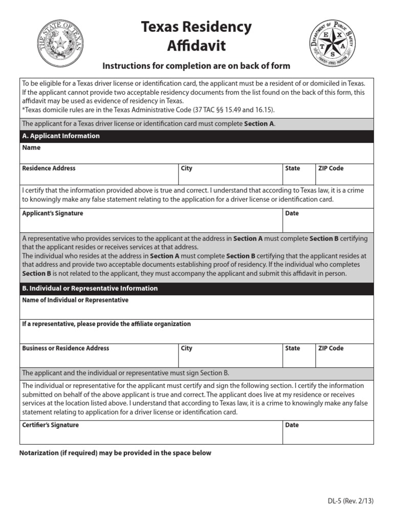 Texas Residency A Davit: Instructions For Completion Are On Back of ...