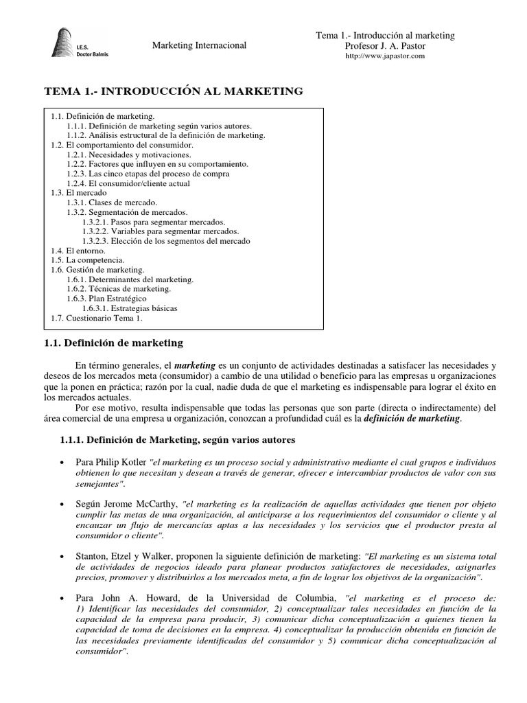 Tema 1 Introducción Al Marketing | PDF | Marketing | Mercado (economía)