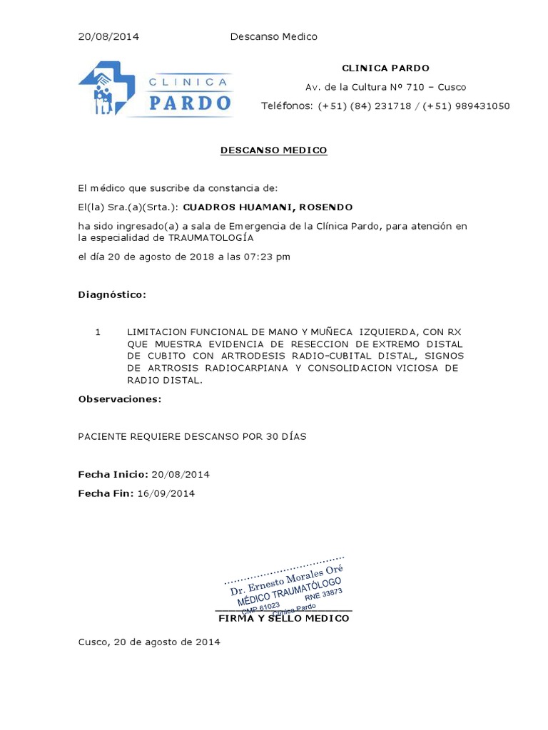 Certificado de Descanso Médico 30 Días | PDF