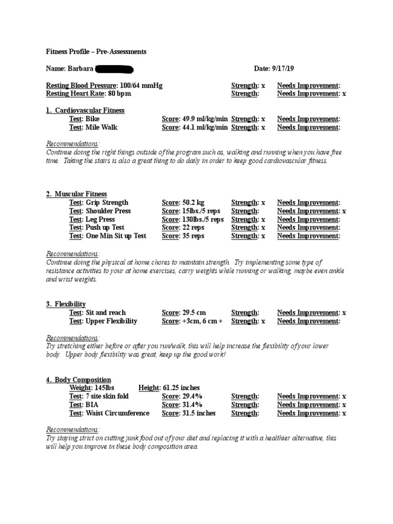 Fitness Profile Pre Assessment PDF Physical Fitness Flexibility