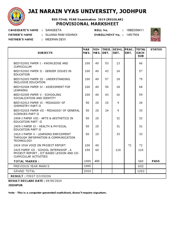 Jai Narain Vyas University BEd Final Year Marksheet | PDF | Education ...