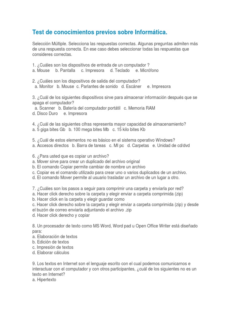 Test de Conocimientos Básicos en Informática | PDF | Archivo de ...