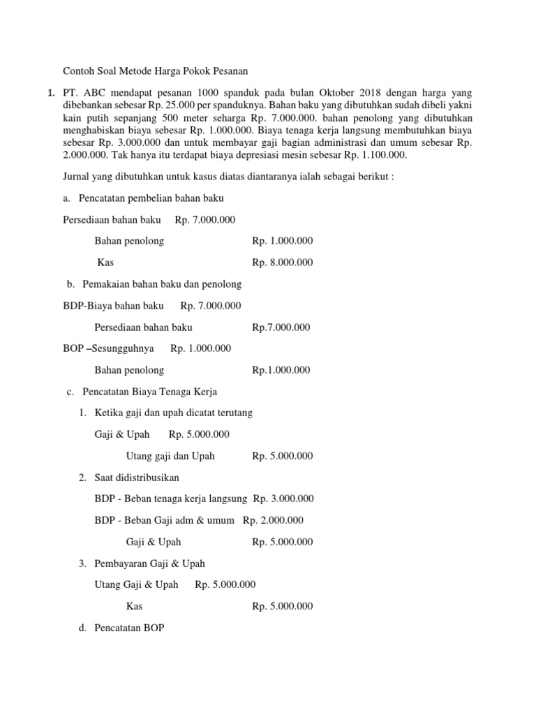 contoh soal metode harga pokok pesanan