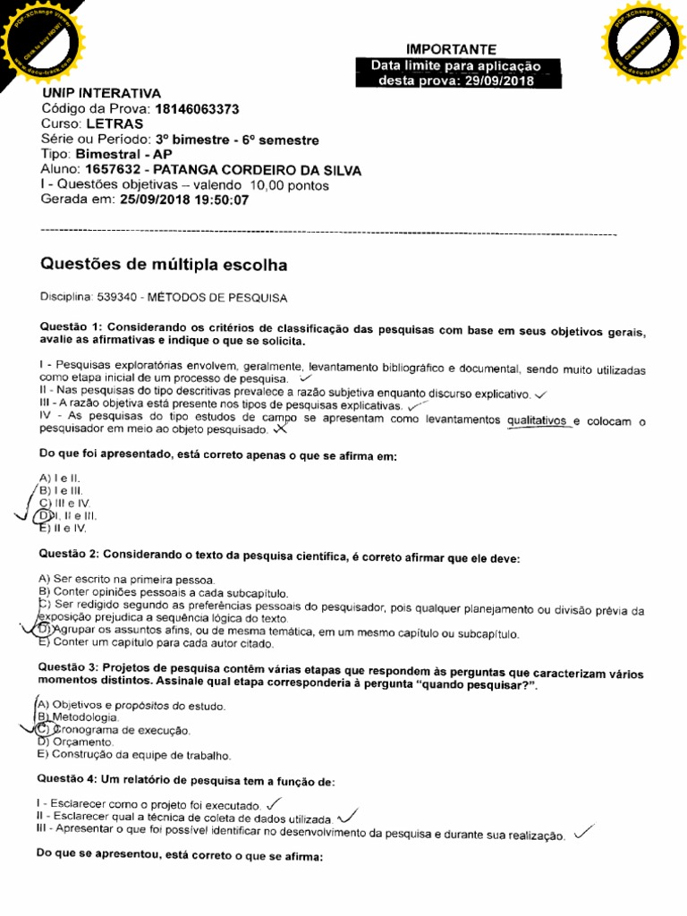 Prova Unip Metodos de Pesquisa Letras Com Gabarito e Resumo de Estudo | PDF