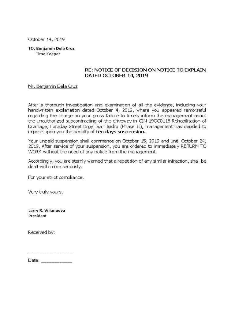 Notice of Suspension for Benjamin Dela Cruz | PDF